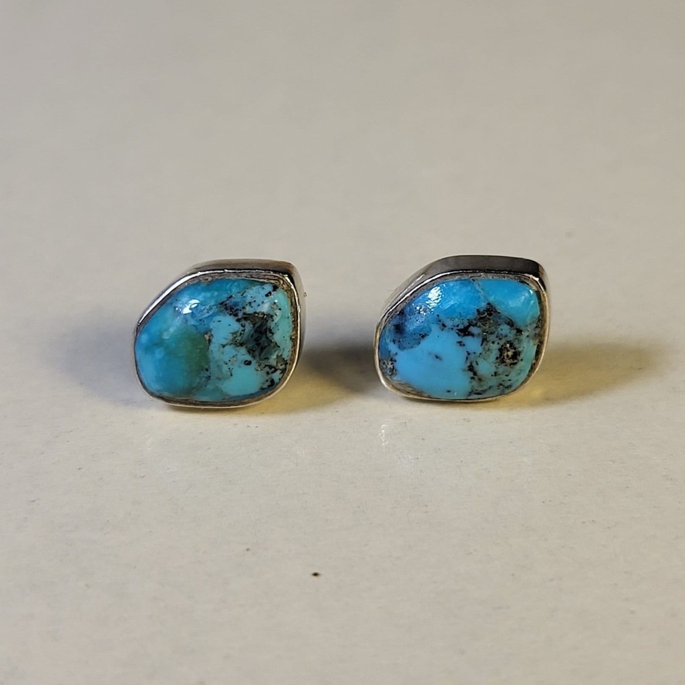 925 Sterling Silver Turquoise Bezel Stud Earrings Vintage Blue Marked
